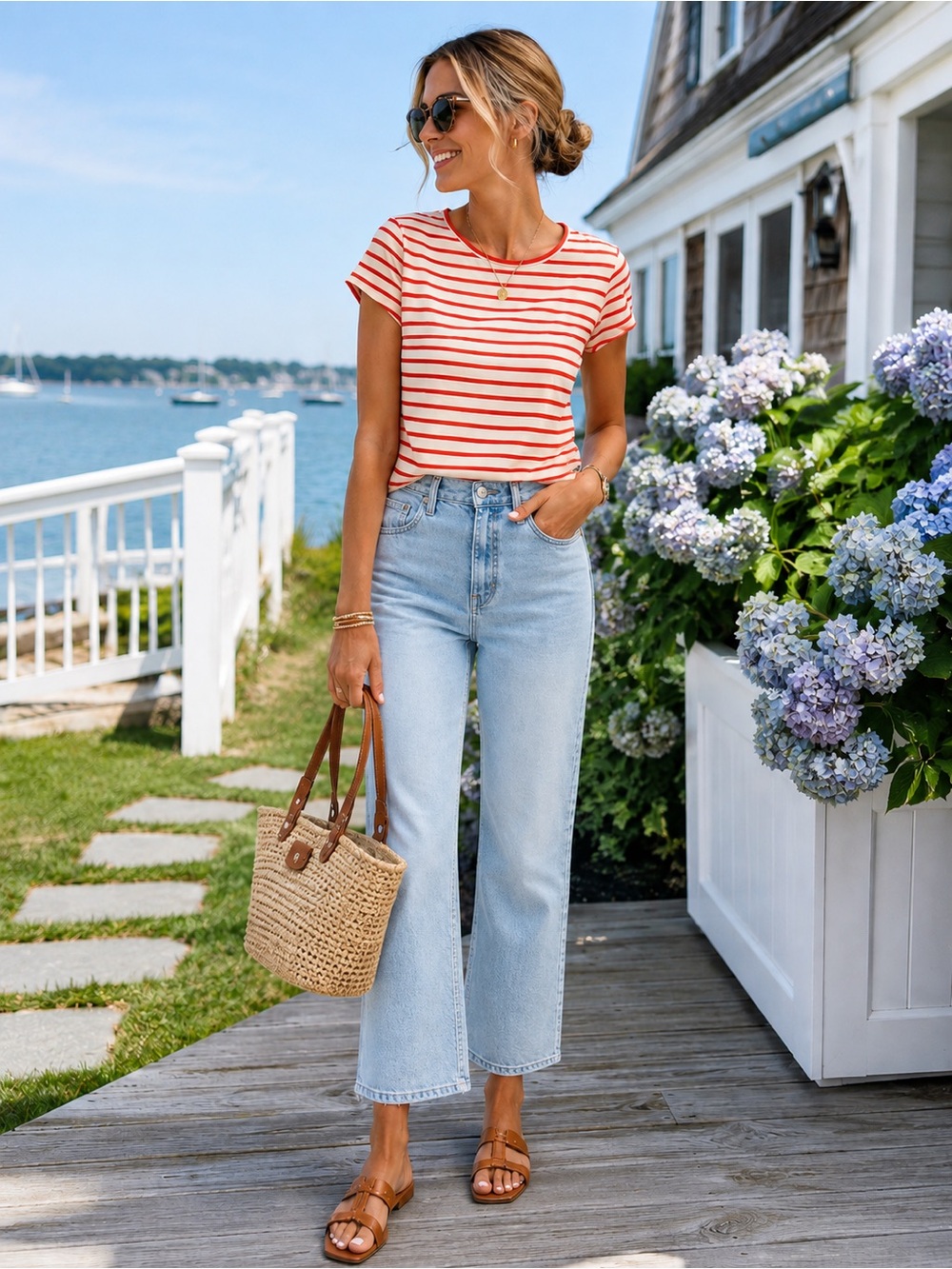 LOFT Orange & Cream Striped Back Zip Short Sleeve Nautical Top